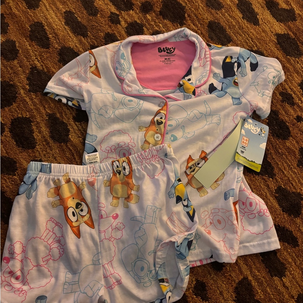 Bluey Kids Pajama Set - White and Blue Cartoon Design